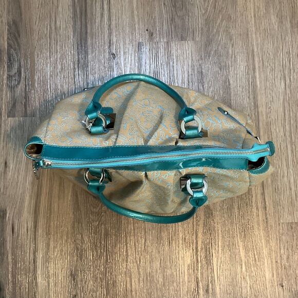 Bebe Purse Bag Handbag Tote Vintage Large Blue Khaki Logo - Picture 7 of 16